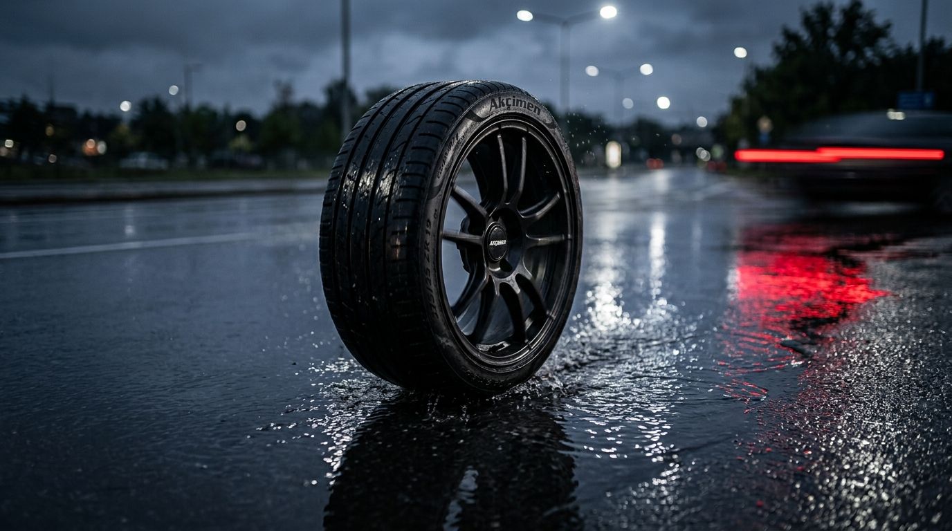 Islak asfaltta dönen lastik — gece yolda patlak riski