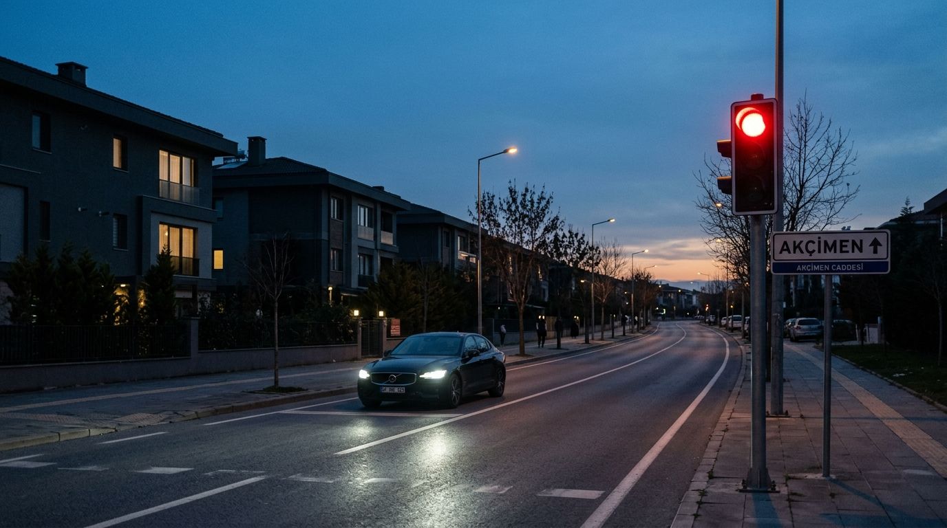 Gönyeli'de konutların arasından geçen cadde ve akşam trafiği